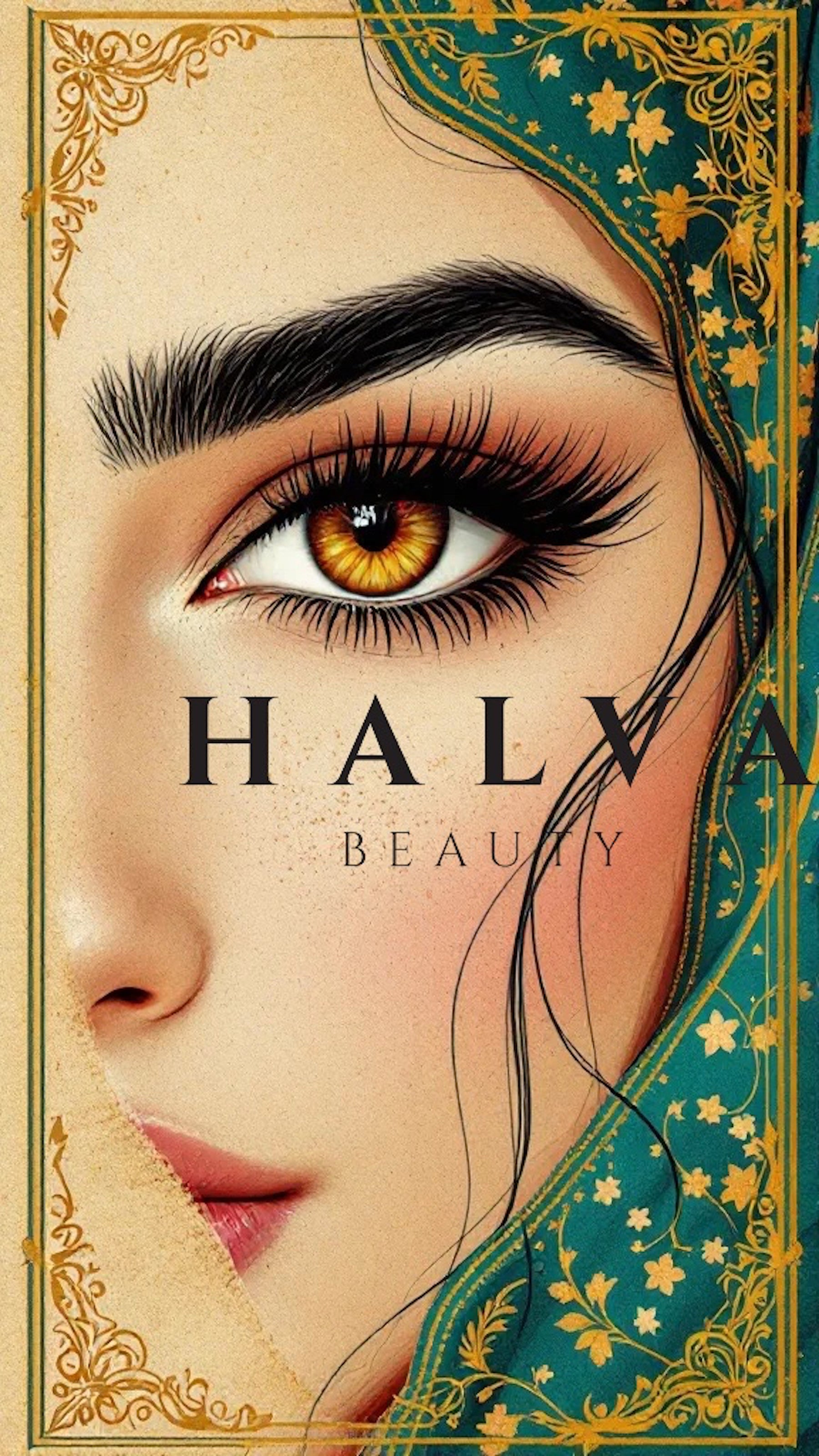 close-up artwork of a woman's bold, thick eyebrow and golden brown eye, wearing a traditional embroidered green scarf, with halva beauty logo overlay