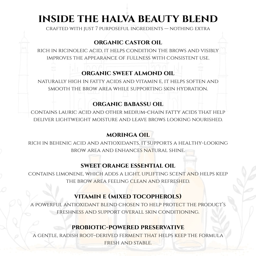 graphic showing the 7 ingredients in halva beauty’s vegan brow oil: castor, sweet almond, babassu, moringa, sweet orange, vitamin e, and probiotic-based preservative