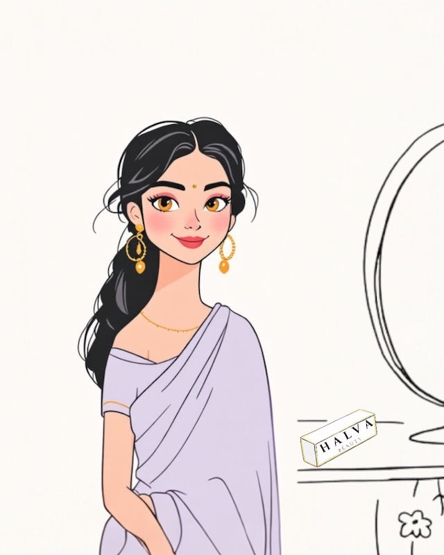 illustration of halva beauty founder in a lavender saree standing by a vanity with a halva beauty box on it – inspired by indian beauty rituals