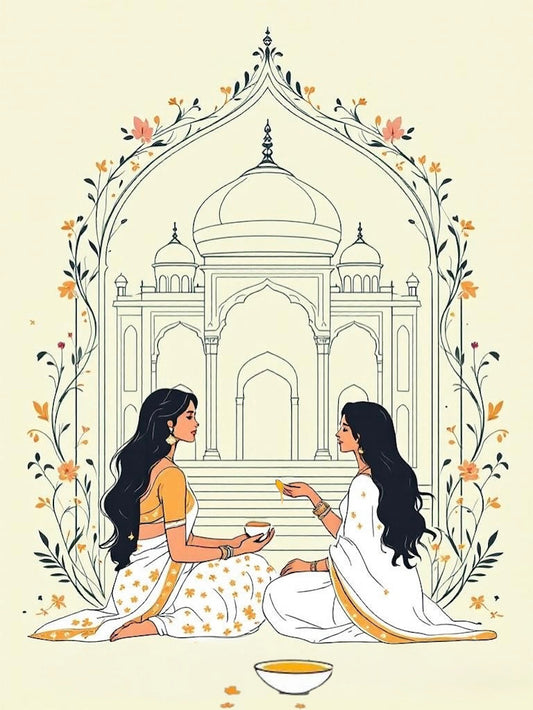 illustrated scene of two women seated beneath an indian arch exchanging hair oil bowls, symbolizing traditional hair oiling rituals and generational beauty practices