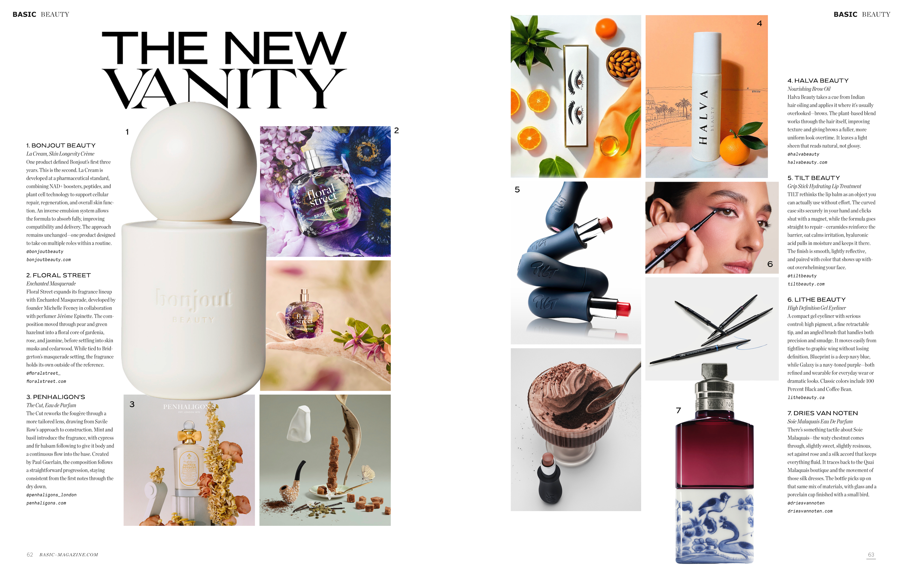 BASIC magazine layout featuring Halva Beauty alongside other leading beauty products and lifestyle images on a white background.