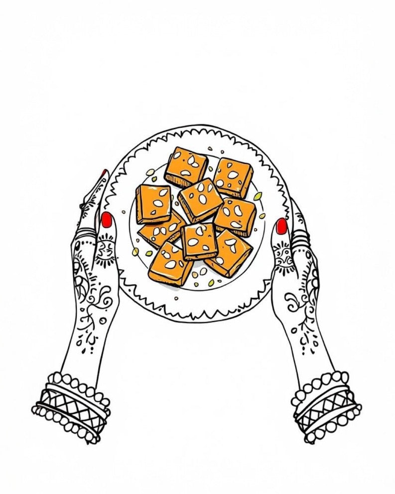 halva beauty illustration of traditional bombay halwa orange square dessert served on a plate held by henna adorned hands wearing bangles representing indian celebrations and cultural heritage