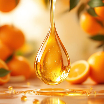 close-up of golden halva beauty brow oil droplet showing texture and purity