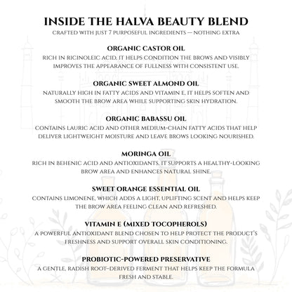 graphic showing the 7 ingredients in halva beauty’s vegan brow oil: castor, sweet almond, babassu, moringa, sweet orange, vitamin e, and probiotic-based preservative
