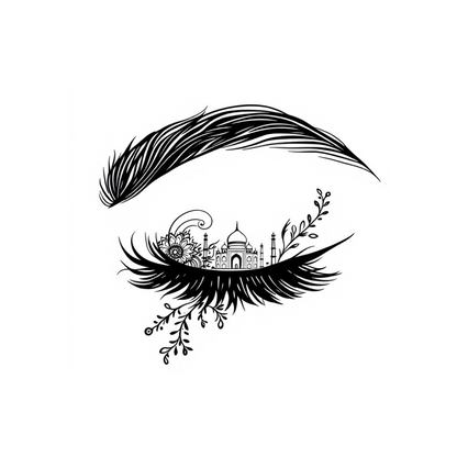 black and white halva beauty illustration of an eyebrow and eye with detailed lashes, featuring floral designs and indian architecture including the taj mahal inside the eye.
