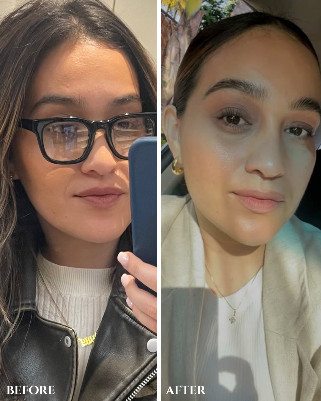 Before and after brow transformation after using Halva Beauty Nourishing Brow Oil, showing thin, sparse brows on the left, and fuller, thicker looking brows on the right.