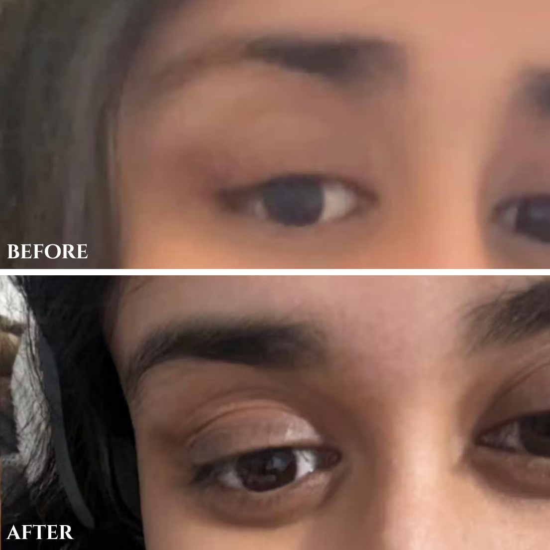 Before and after brow transformation after using Halva Beauty Nourishing Brow Oil, showing thin, sparse brows on the left, and fuller, thicker looking brows on the right.