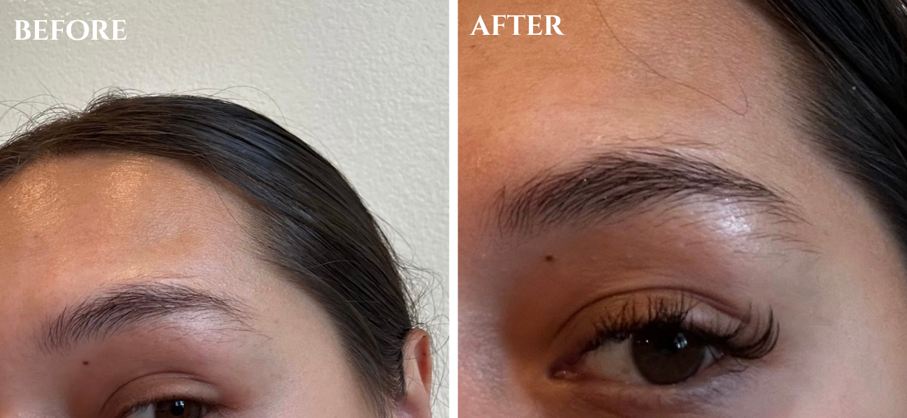 Before and after brow transformation after using Halva Beauty Nourishing Brow Oil, showing thin, sparse brows on the left, and fuller, thicker looking brows on the right.
