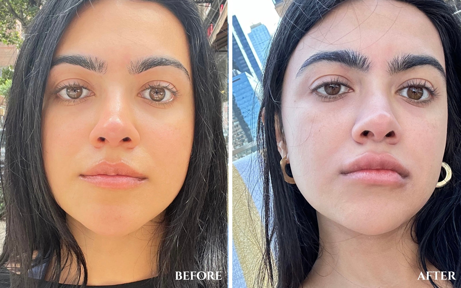 Before and after brow transformation after using Halva Beauty Nourishing Brow Oil, showing thin, sparse brows on the left, and fuller, thicker looking brows on the right.