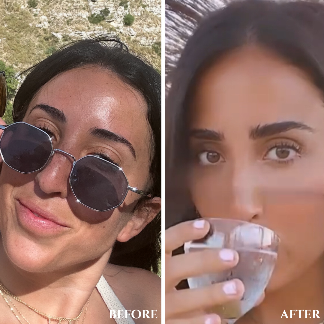 Before and after brow transformation after using Halva Beauty Nourishing Brow Oil, showing thin, sparse brows on the left, and fuller, thicker looking brows on the right.