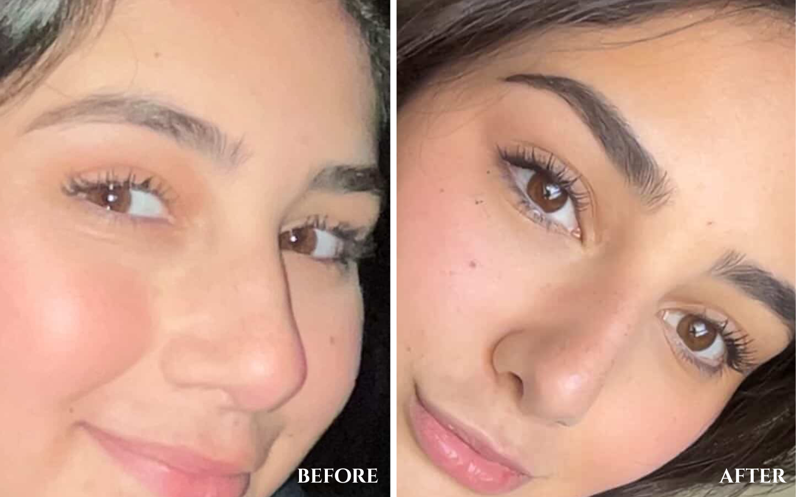 Before and after brow transformation after using Halva Beauty Nourishing Brow Oil, showing thin, sparse brows on the left, and fuller, thicker looking brows on the right.