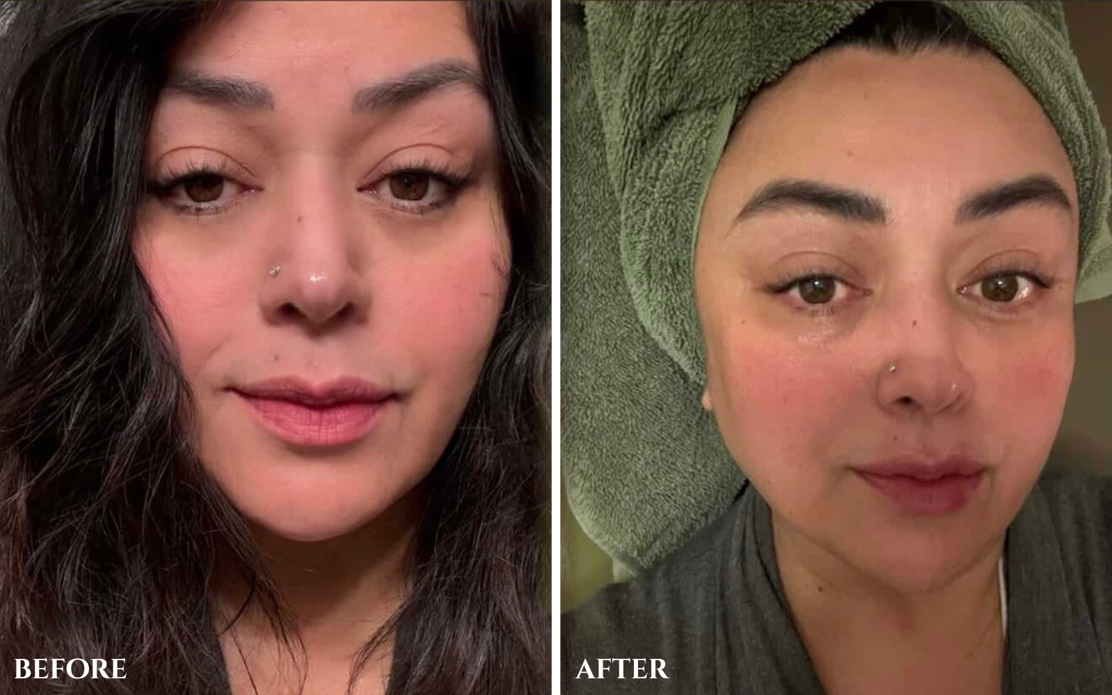 Before and after brow transformation after using Halva Beauty Nourishing Brow Oil, showing thin, sparse brows on the left, and fuller, thicker looking brows on the right.