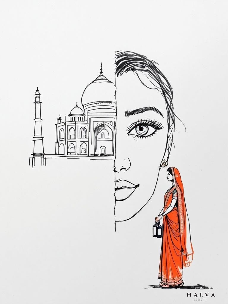 halva beauty illustration featuring half face of a woman with bold brows, the taj mahal, and an indian woman in an orange saree holding bottles of castor and almond oils