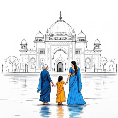 illustration of three generations of women in traditional indian clothing standing in front of the victoria memorial in kolkata, representing indian heritage and beauty rituals
