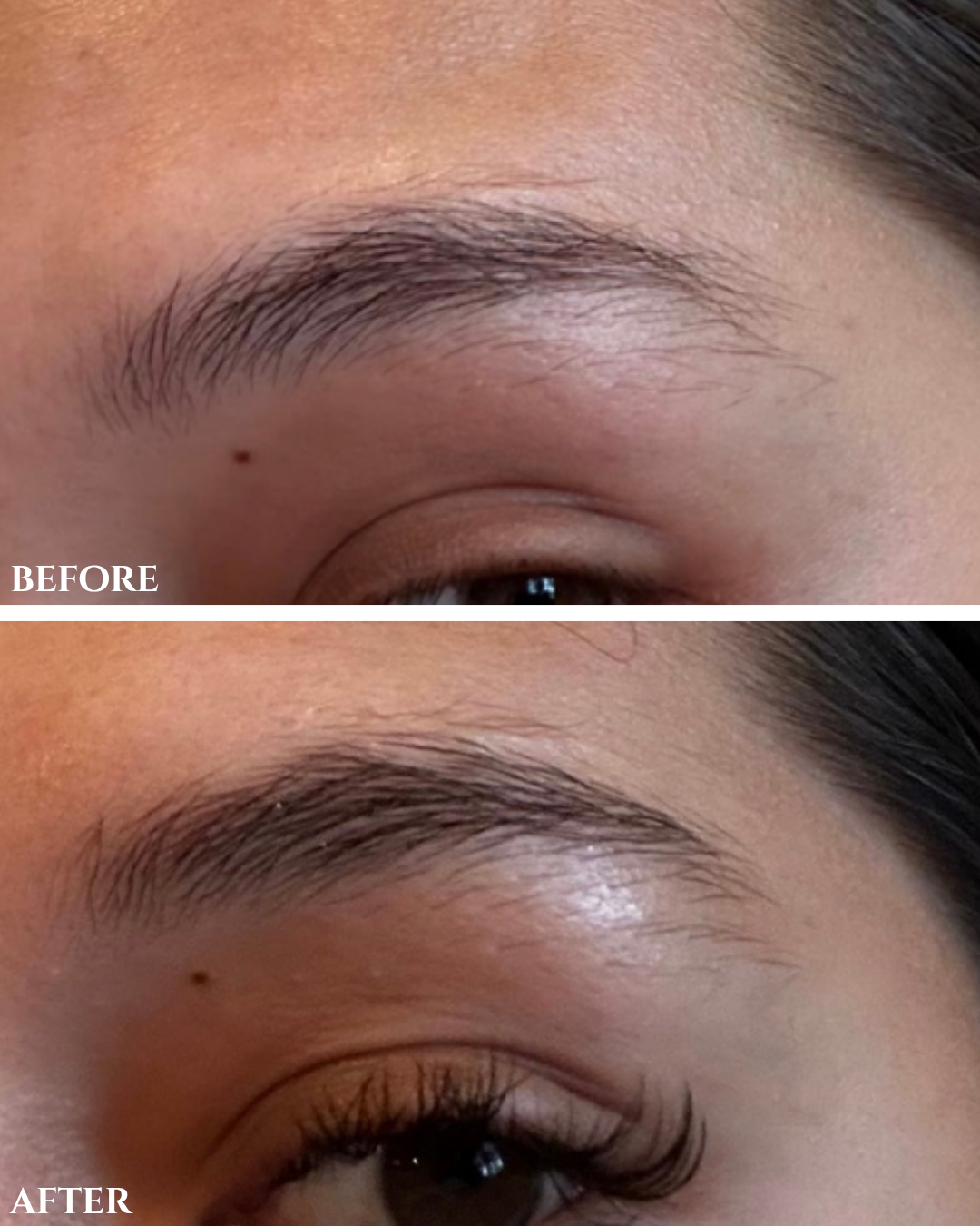customer before-and-after photos showing brows that appear less sparse