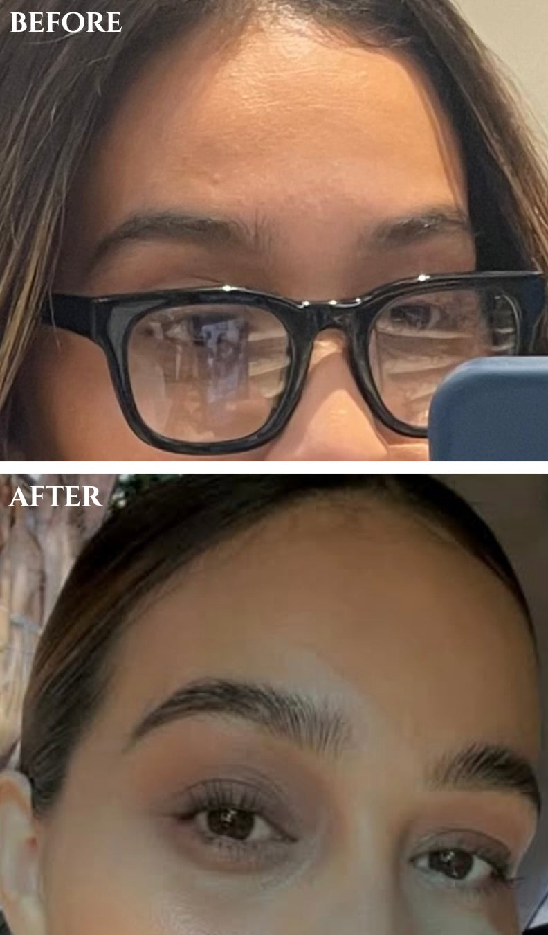 customer before-and-after photos showing brows that appear fuller and softer