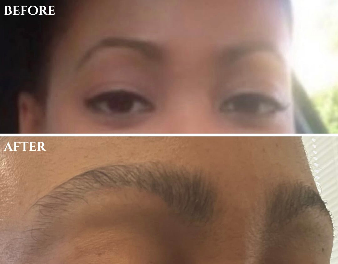 customer before-and-after photos showing fuller-looking brows after consistent brow care