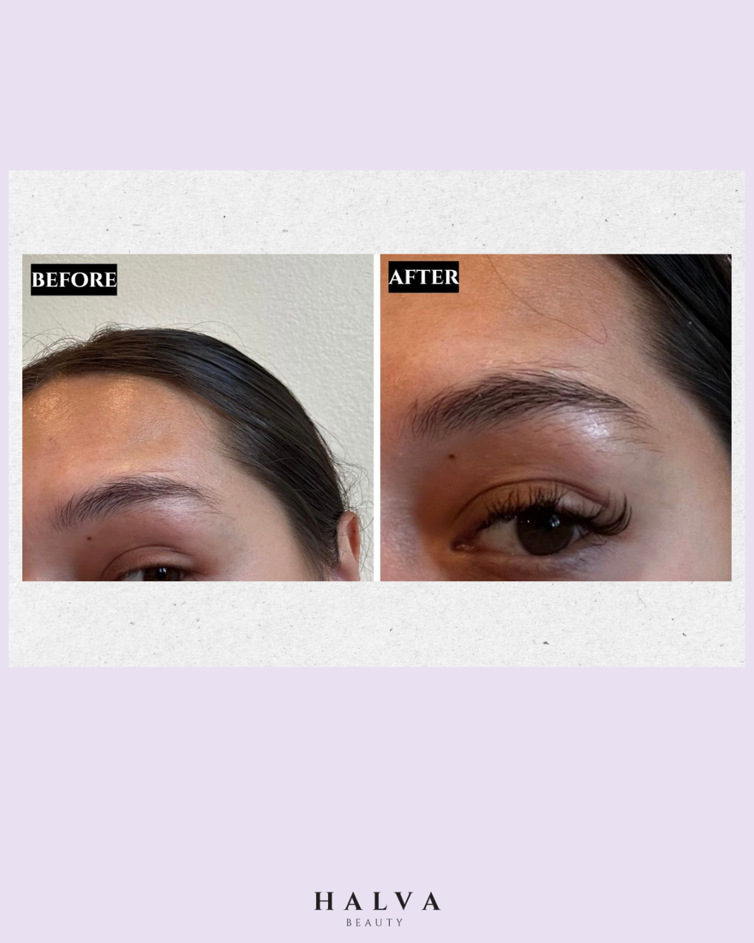 before and after eyebrow growth results using halva beauty nourishing brow oil, close-up of natural brows looking thicker, fuller, and healthier.