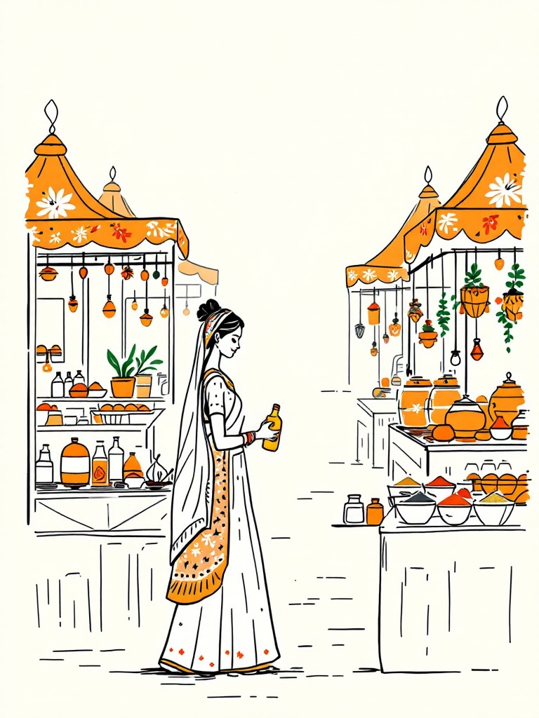 halva beauty illustration of an indian woman in traditional dress holding a bottle, standing in a vibrant bazaar market with orange canopies, clay pots, spices, and plants.