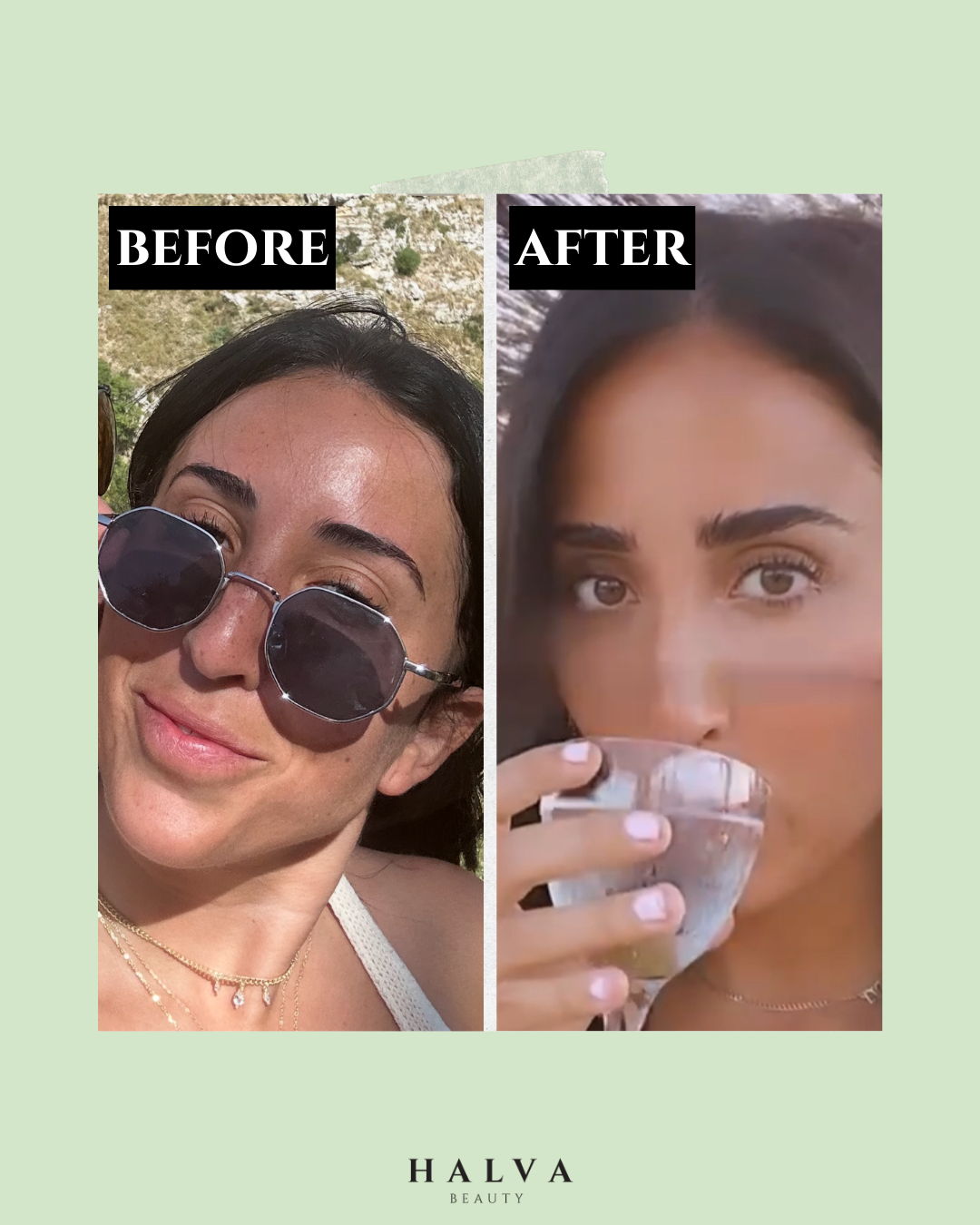 before and after eyebrow transformation using halva beauty nourishing brow oil, showing natural brows becoming fuller and more defined on woman with dark hair.