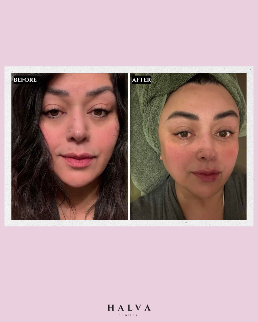 before and after results showing fuller, healthier eyebrows with halva beauty nourishing brow oil, comparison of natural brow growth on woman with dark hair and towel wrap.