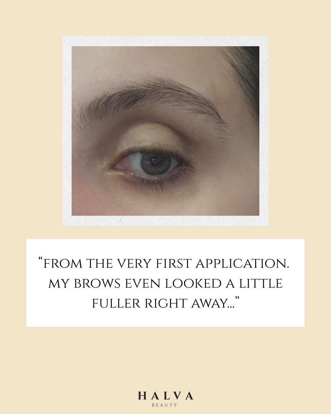 close-up of natural eyebrow and green eye showing fuller look after first use of halva beauty nourishing brow oil.