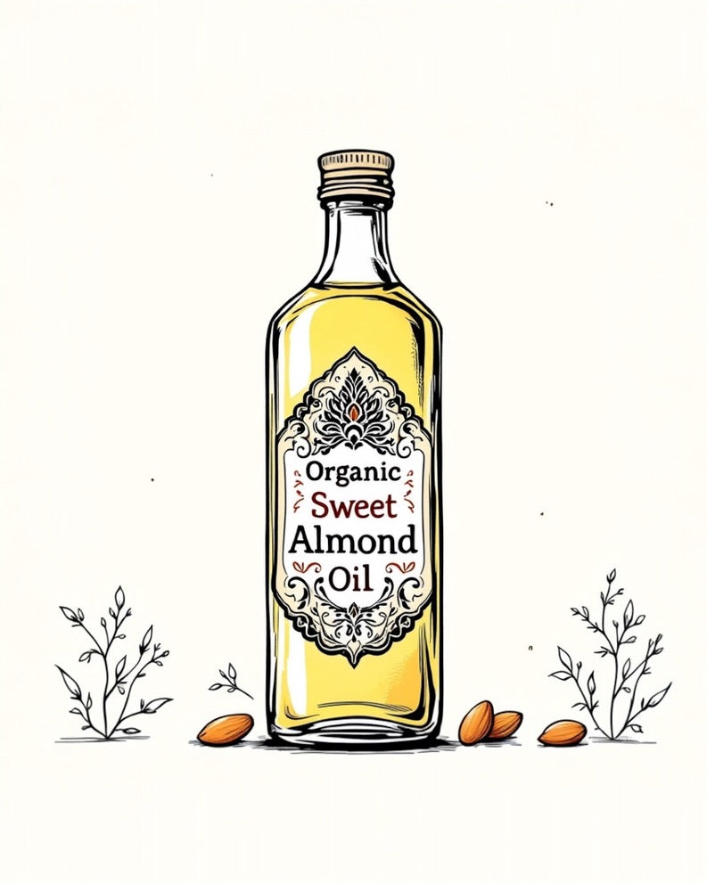 organic sweet almond oil illustration used in halva beauty nourishing brow oil to condition brows and support softer fuller looking eyebrows