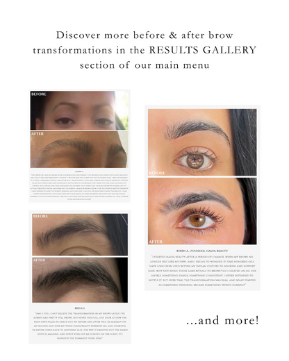 A results gallery showcase of featured brow transformation results, showing before-and-after close-up photos of eyebrows and text about brow transformations after using the Halva Beauty Nourishing Brow Oil.