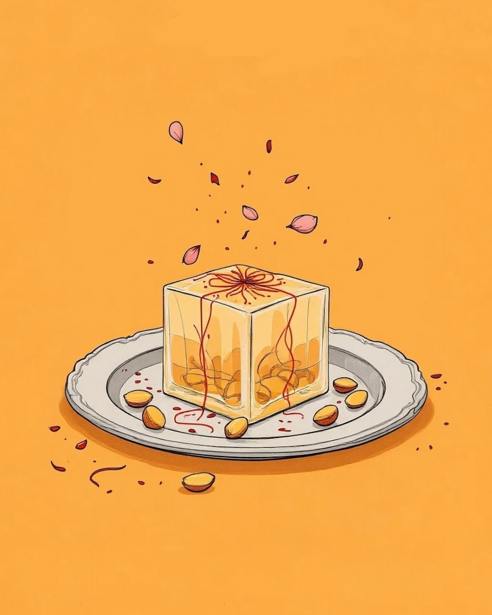 illustration of bombay halwa dessert on a plate, a translucent saffron colored cube garnished with nuts and petals, symbolizing the inspiration behind halva beauty