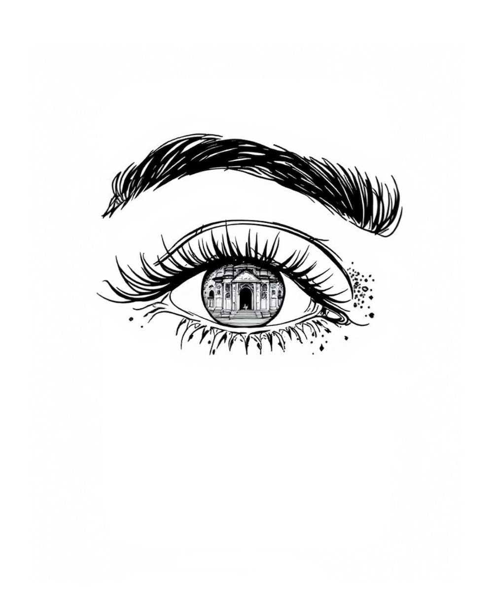 illustration of a detailed eye and eyebrow  with an Indian cityscape reflection on a white background