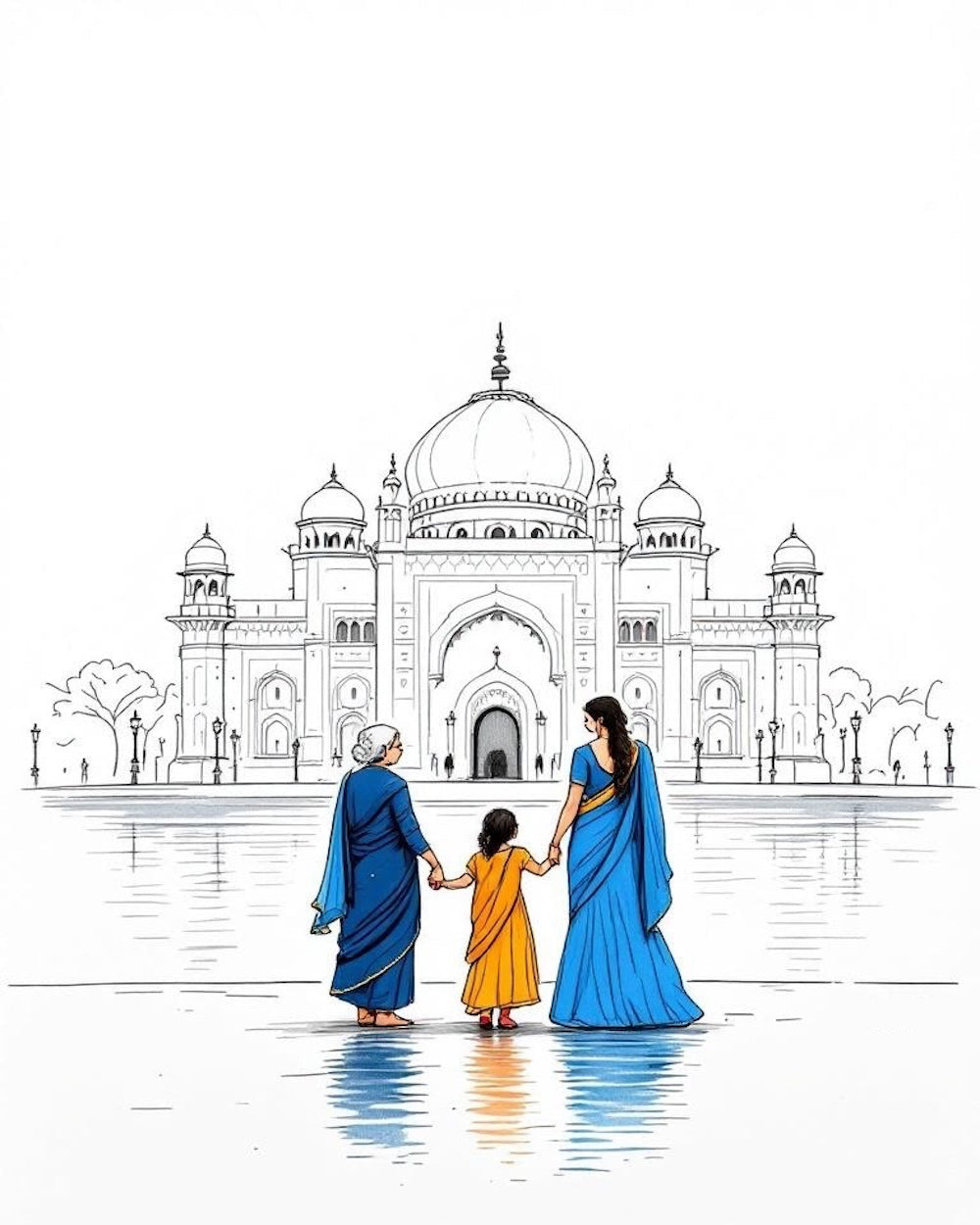 Illustration of a family in front of the Taj Mahal with 'HALVA' branding.