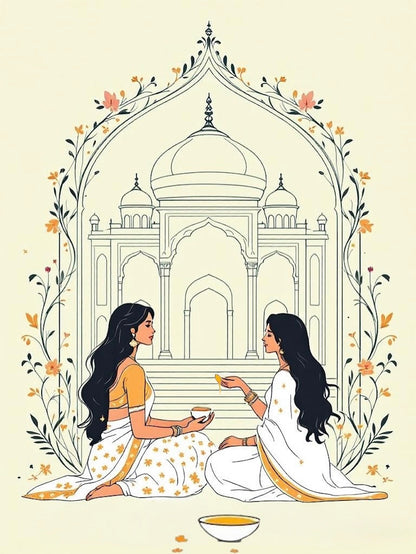 illustrated scene of two women seated beneath an indian arch exchanging hair oil bowls, symbolizing traditional hair oiling rituals and generational beauty practices