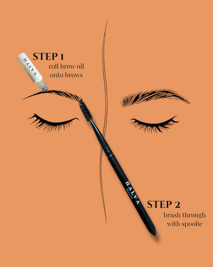 illustrated guide showing step one rolling brow oil onto brows and step two brushing through brows with a spoolie