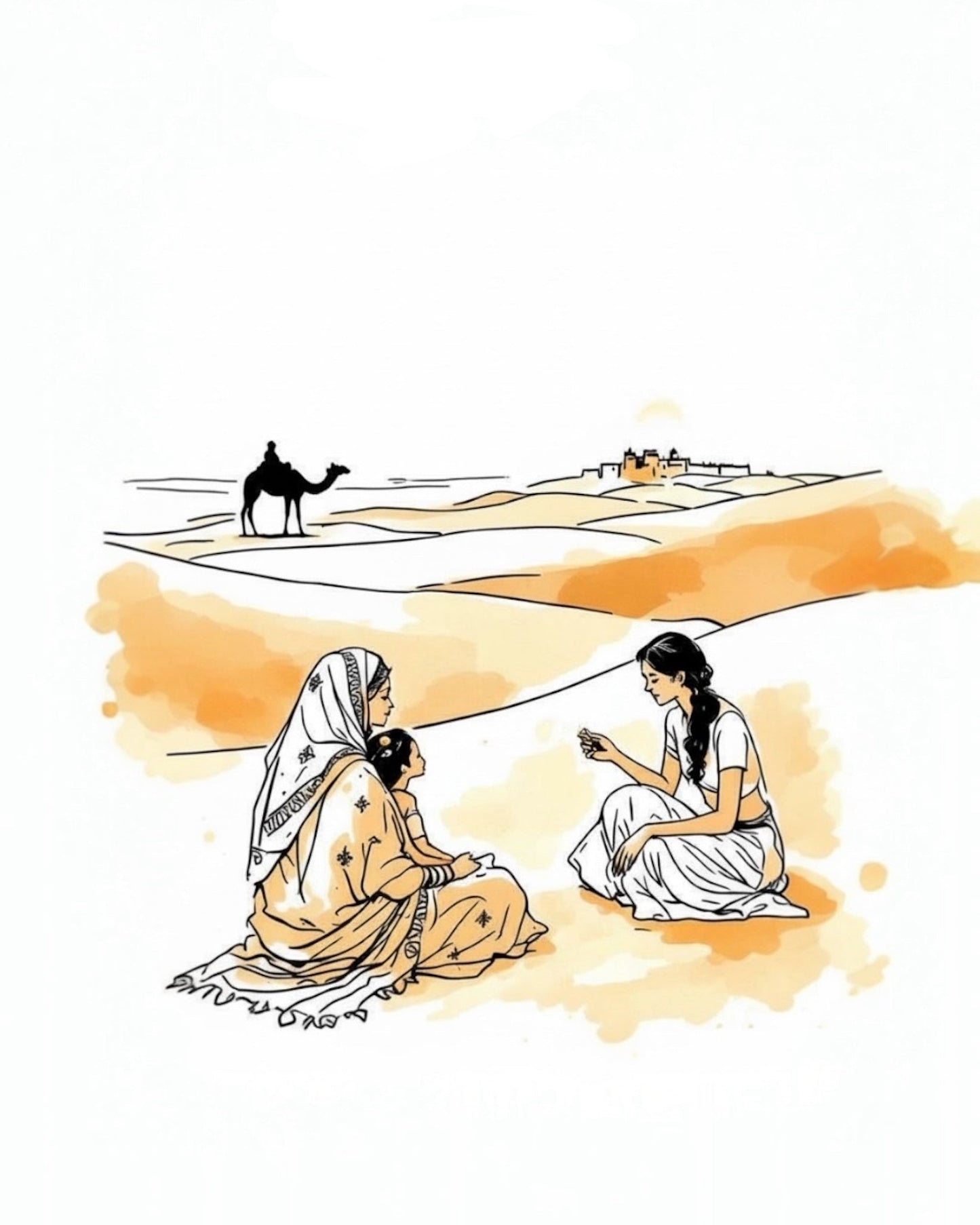 Illustration of two women in a desert setting with a camel, featuring the brand 'HALVA BEAUTY'.