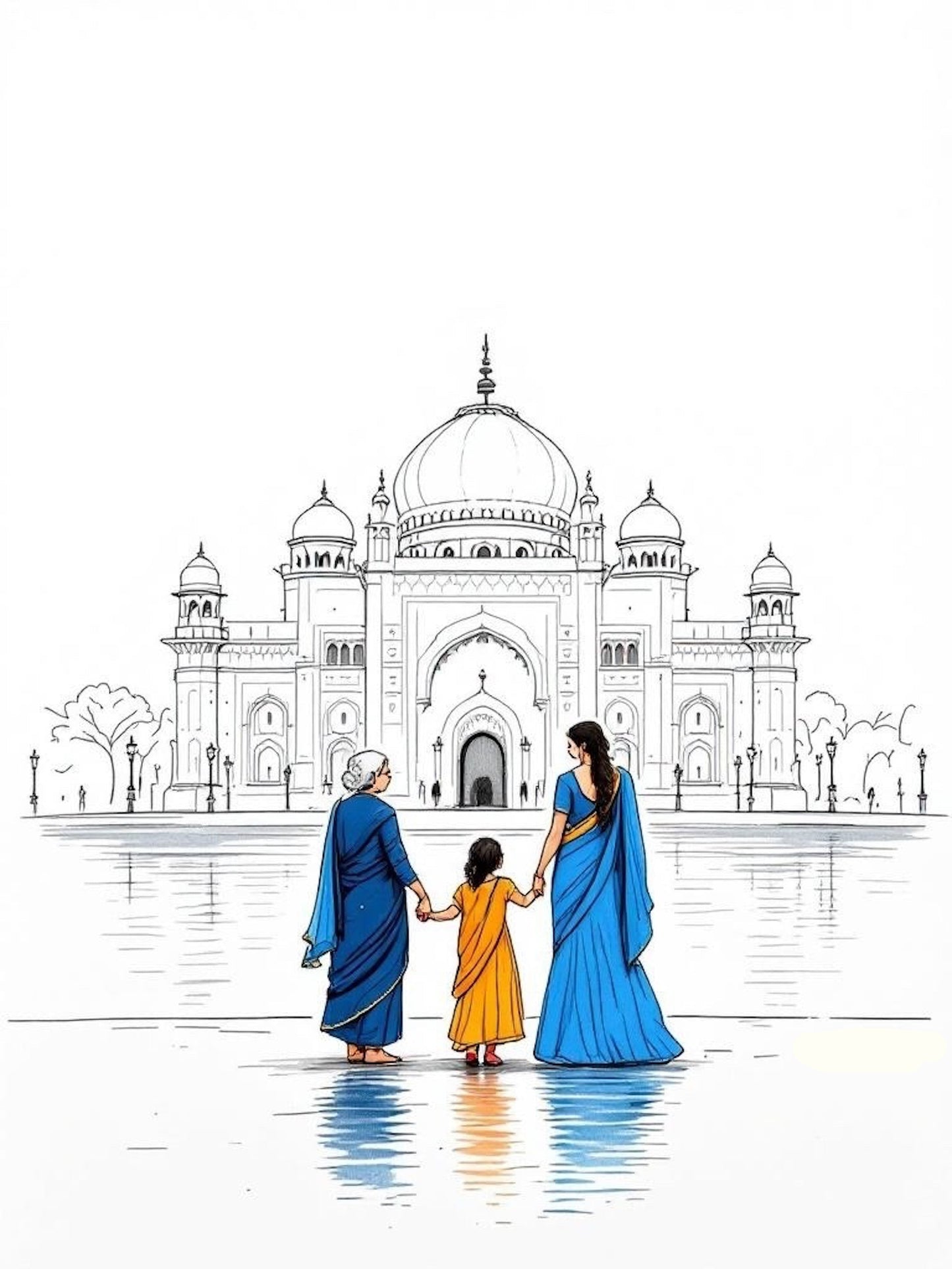 illustration of three generations at victoria memorial in kolkata for halva beauty storytelling