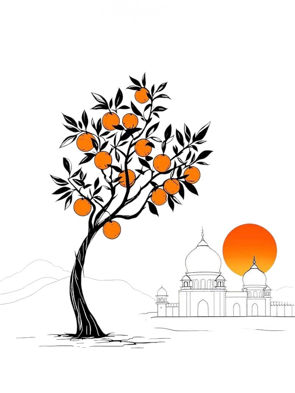 illustration of a sweet orange tree with ripe oranges set against an indian architectural landscape and rising sun