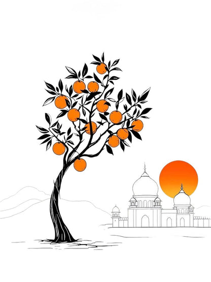 illustration of a sweet orange tree with ripe oranges set against an indian architectural landscape and rising sun