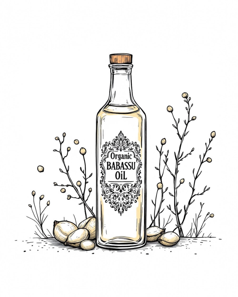 illustration of a glass bottle labeled organic babassu oil surrounded by babassu nuts and botanical branches