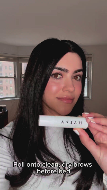 Video tutorial showing how to apply Halva Beauty’s nourishing brow oil in 3 simple steps using a rollerball applicator